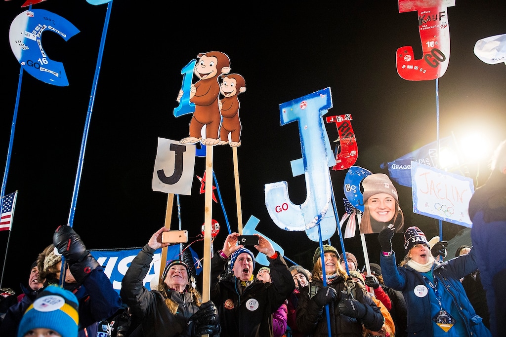 (Chris Detrick  |  The Salt Lake Tribune)  Family and friends of USA's Jaelin Kauf celebrate her win in the Ladies' Mogul Finals during the FIS Visa Freestyle International Ski World Cup at Deer Valley Resort on Thursday, January 11, 2018. After two years of being held during the daytime without fans because of COVID-19, the World Cup events returned under the lights for 2023.