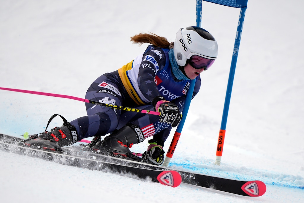 FILE - Mary Bocock competes in the women's giant slalom ski race during the U.S. Alpine Championships, Tuesday, April 4, 2023, at the Sun Valley ski resort in Ketchum, Idaho. The Bocock sisters will share a slice of World Cup history together as the American ski racers will both make their World Cup debuts this weekend in a season-opening giant slalom race in Soelden, Austria. (AP Photo/Robert F. Bukaty, File)