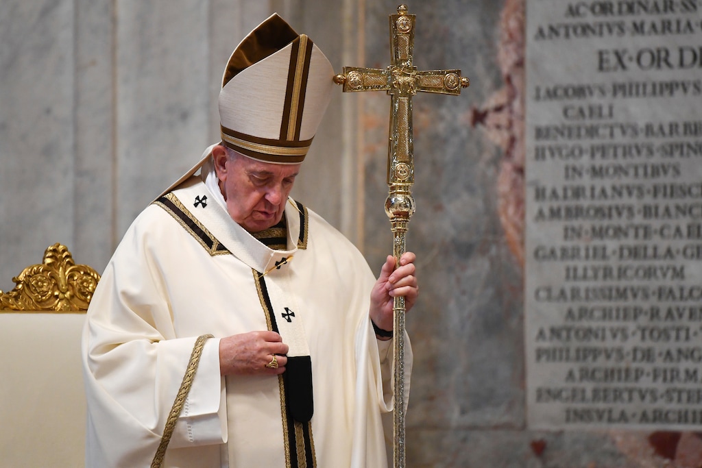 (Andreas Solaro/Pool Photo via AP) Pope Francis celebrates Easter Sunday Mass inside an empty St. Peter's Basilica, at the Vatican, Sunday, April 12, 2020.