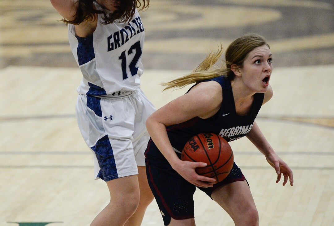 (Francisco Kjolseth  |  The Salt Lake Tribune)  Herriman's Breaunna Gillen argues a call against her in game action against hostCopper Hills in West Jordan on Thursday, Jan. 25, 2018.