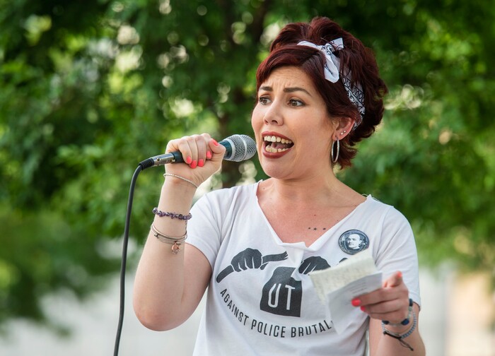 (Rick Egan  |  The Salt Lake Tribune)     Deb Blake talks about her experience with the Salt Lake City Police at the Inland Port protest two weeks ago,  during a rally sponsored by Utah Against Police Brutality,
Tuesday, July 23, 2019.