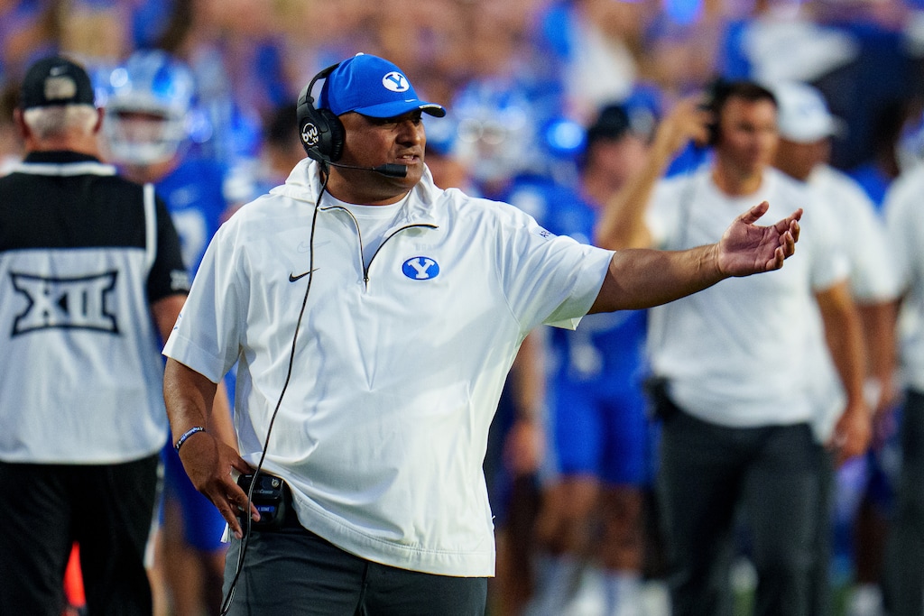 (Trent Nelson  |  The Salt Lake Tribune) Kalani Sitake as BYU hosts Southern Illinois, NCAA football in Provo on Saturday, Aug. 31, 2024.