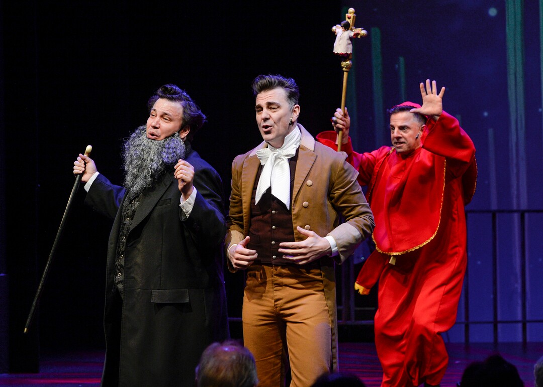 (Leah Hogsten  |  The Salt Lake Tribune) From left, Justin Ivie plays Brigham Young, Robert Scott Smith plays Joseph Smith and Dan Larrinaga plays the Pope in the 2019 production of Saturday's Voyeur by Salt Lake Acting Company, July 14, 2019.