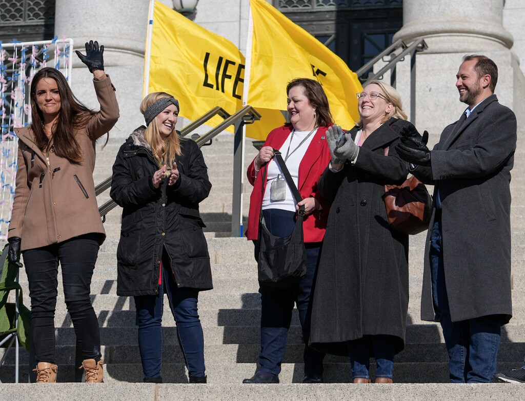 (Leah Hogsten | The Salt Lake Tribune) Utah legislators l-r Rep. Kera Birkeland, R-Morgan, Rep. Candice Pierucci, R-Riverton, Rep. Cheryl Acton, R-West Jordan, Rep. Karianne Lisonbee, R-Clearfield and Rep. Jordan Teuscher, R-South Jordan were among the hundreds attending Saturday's March for Life at the Utah Capitol, in conjunction with the national March for Life in D.C., Jan. 22, 2022.