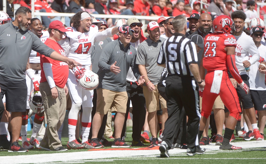 Leah Hogsten  |  The Salt Lake Tribune The sideline reacts to a hit by Julian Blackmon. The University of Utah Utes were back in action  during the 16th-annual Red-White football game on Saturday, April 15, 2017 at  Rice-Eccles Stadium.