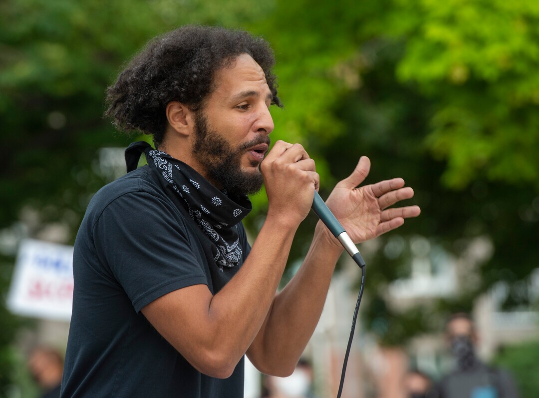 (Rick Egan  |  The Salt Lake Tribune) Trey DMC speaks during a demonstration against police brutality at Pioneer Park on Saturday, June 13, 2020.