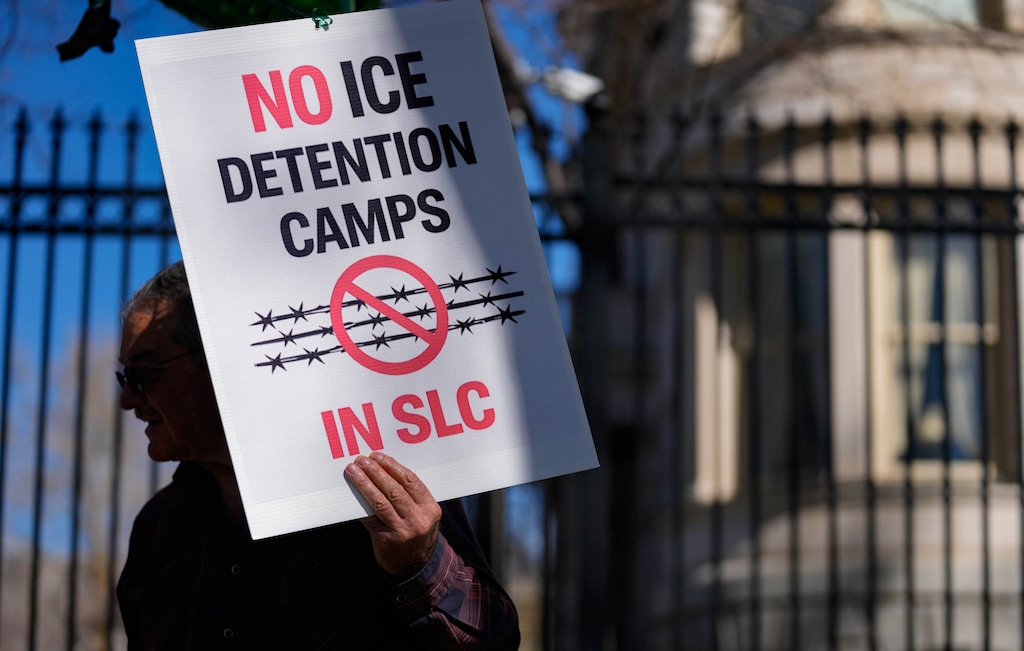 (Francisco Kjolseth | The Salt Lake Tribune) People begin to gather outside the Governor’s Mansion in Salt Lake City in response to the recent purchase of a warehouse by ICE on Tuesday, March 17, 2026.