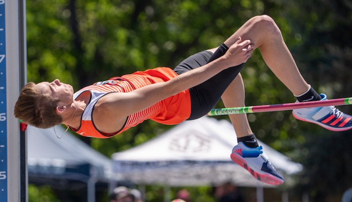 (Rick Egan | The Salt Lake Tribune)    Bret Heaton high jumps for Vally High School, in the 1A Boys high jump, at the State High School Championships at BYU, on Saturday, May 21, 2022.
