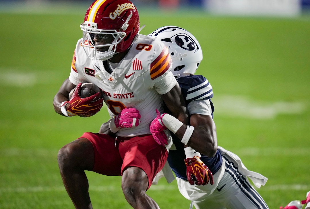 (Bethany Baker  |  The Salt Lake Tribune) BYU Cougars cornerback Therrian Alexander (1) tackles Iowa State Cyclones wide receiver Omari Hayes (9) during the game between the BYU Cougars and the Iowa State Cyclones in Provo on Friday, Oct. 9, 2026.