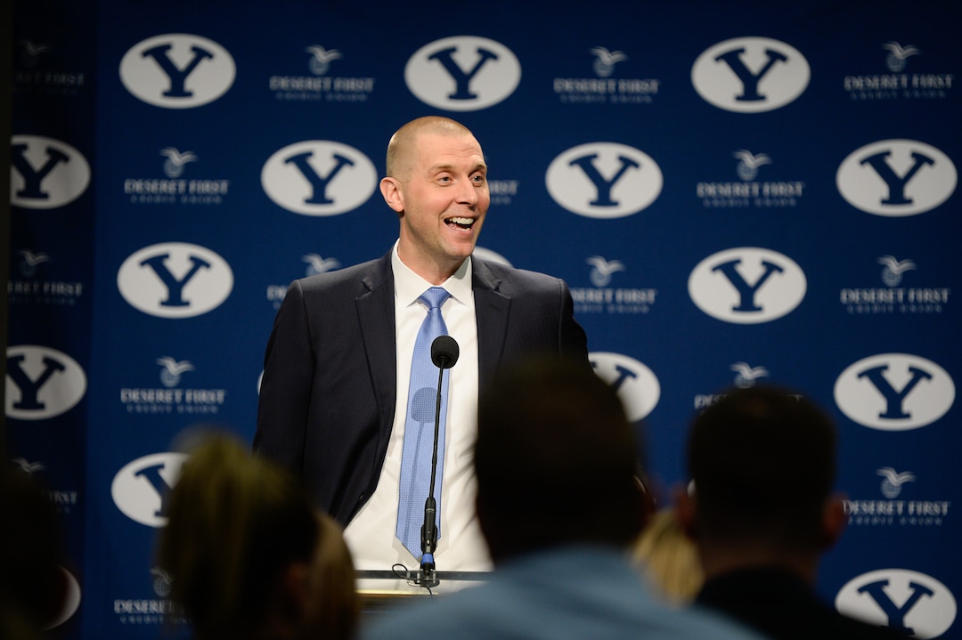 (Francisco Kjolseth  |  The Salt Lake Tribune)  Mark Pope takes questions from the media after being announced as BYU's new head basketball coach during a press event at the BYU broadcasting building on Wed. April 10, 2019.