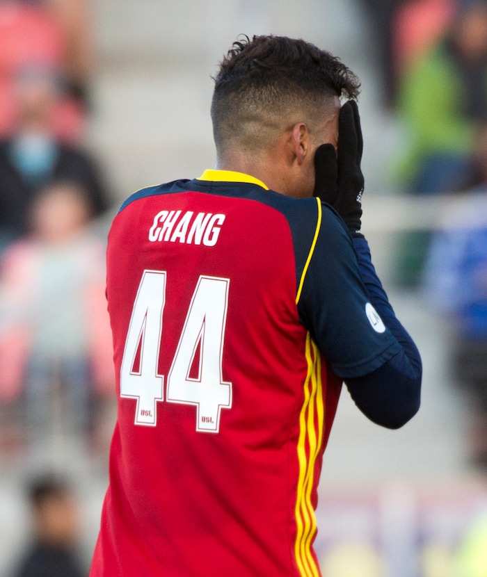 (Rick Egan  |  The Salt Lake Tribune)     Real Monarchs midfielder Maikel Chang (44) reacts after narrowly missing a goal, in soccer action between the Real Monarchs and Las Vegas Lights FC at the new Zions Bank Stadium in, Herriman, Monday, April 30, 2018.


