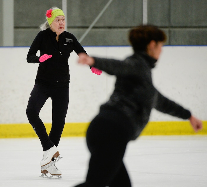 (Francisco Kjolseth  |  The Salt Lake Tribune)  Marci Richards, 73, of Milwaukee, Wisconsin takes to the ice for a practice session as she gets ready to compete in the 2019 U.S. Adult Figure Skating Championships, now in its 25th year, being held at the SLC Sports Complex. Richards who started skating to recover following a skiing accident has competed in 18 Adult Nationals and loves to skate. Over 600 skaters between 21 and 80 will compete April 3-6.