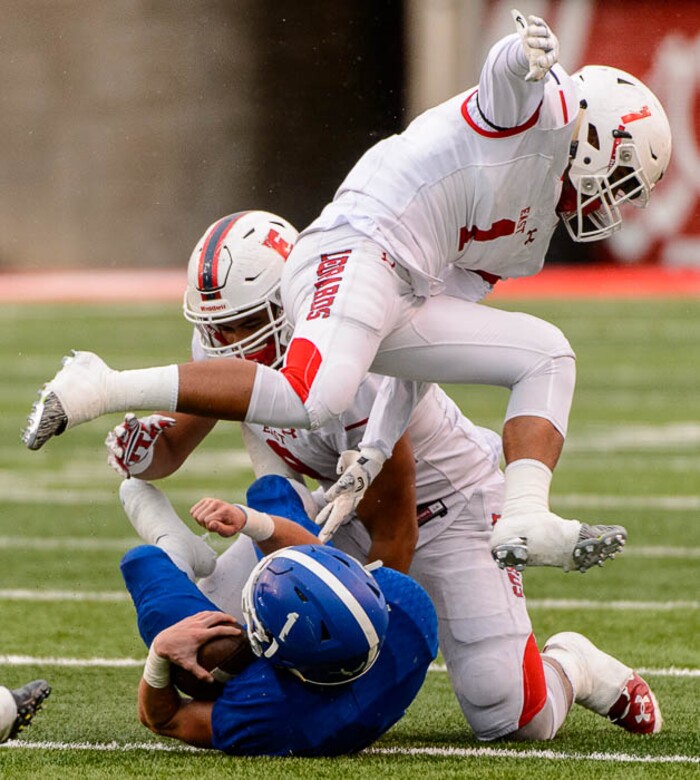 (Trent Nelson | The Salt Lake Tribune)  Bingham's Braedon Wissler (1) is tackled as East faces Bingham in the Class 6A High School State Football Championship game in Salt Lake City, Friday November 17, 2017.