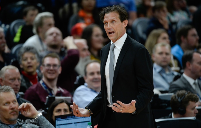 (Francisco Kjolseth  |  The Salt Lake Tribune)  Utah Jazz head coach Quin Snyder areas with a referee as the Utah Jazz host the Denver Nuggets in their NBA game at Vivint Smart Home Arena Tuesday, April 9, 2019, in Salt Lake City.