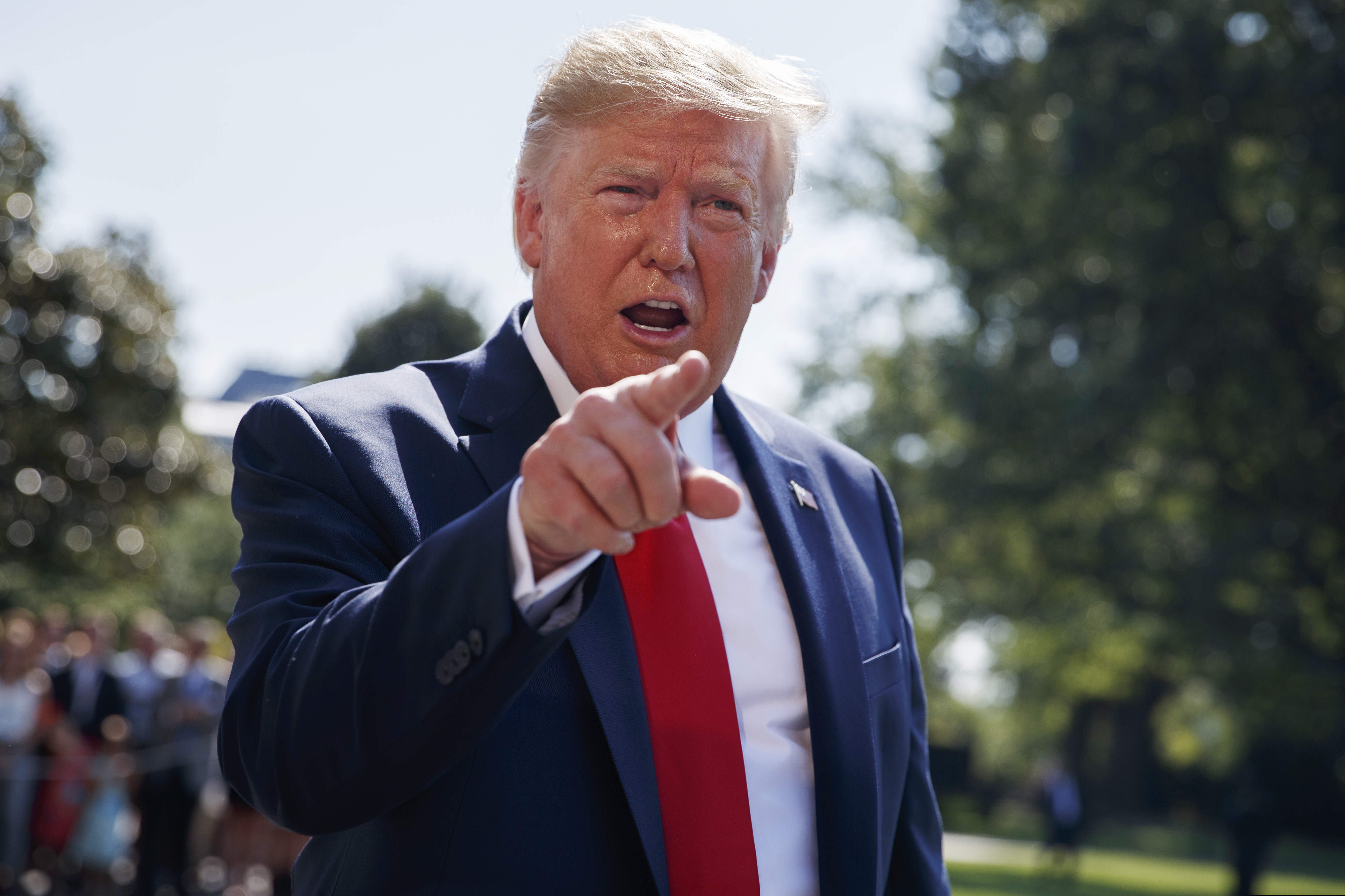 (Evan Vucci | AP Photo) In this Aug. 9, 2019, photo, President Donald Trump talks to reporters on the South Lawn of the White House in Washington. Trump is showcasing the growing effort to capitalize on western Pennsylvania’s natural gas deposits by turning gas into plastics.