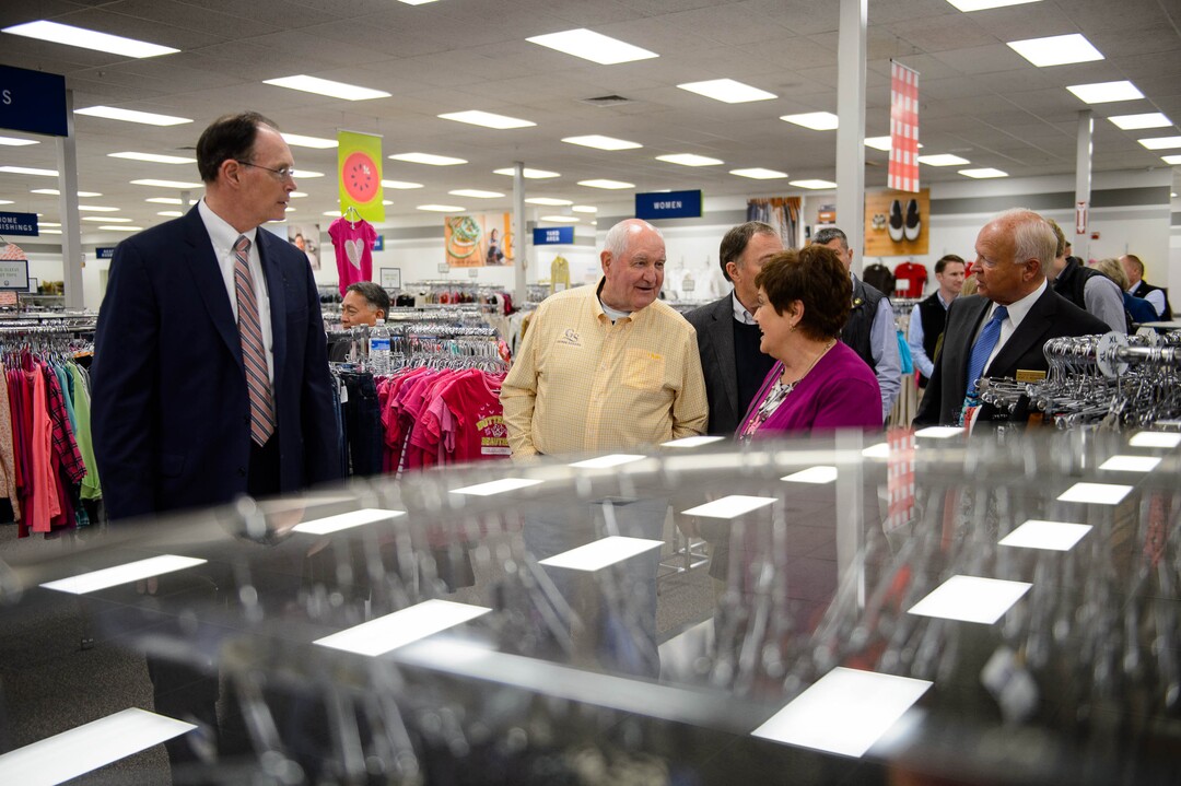 (Trent Nelson  |  The Salt Lake Tribune)  Agriculture Secretary Sonny Perdue on a tour of Welfare Square in Salt Lake City on Wednesday May 22, 2019. From left, Bishop W. Christopher Waddell, Perdue, Gov. Gary Herbert, Jeanette Herbert, and Elder Kent F. Richards.