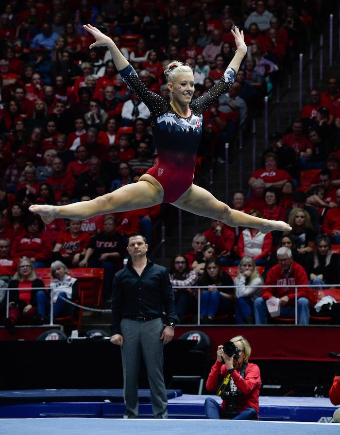 (Francisco Kjolseth  |  The Salt Lake Tribune)  Makenna Merrell-Giles does her floor routine as Utah hosts Penn State in their season opener at the Huntsman Center in Salt Lake City on Saturday, Jan. 5, 2019.