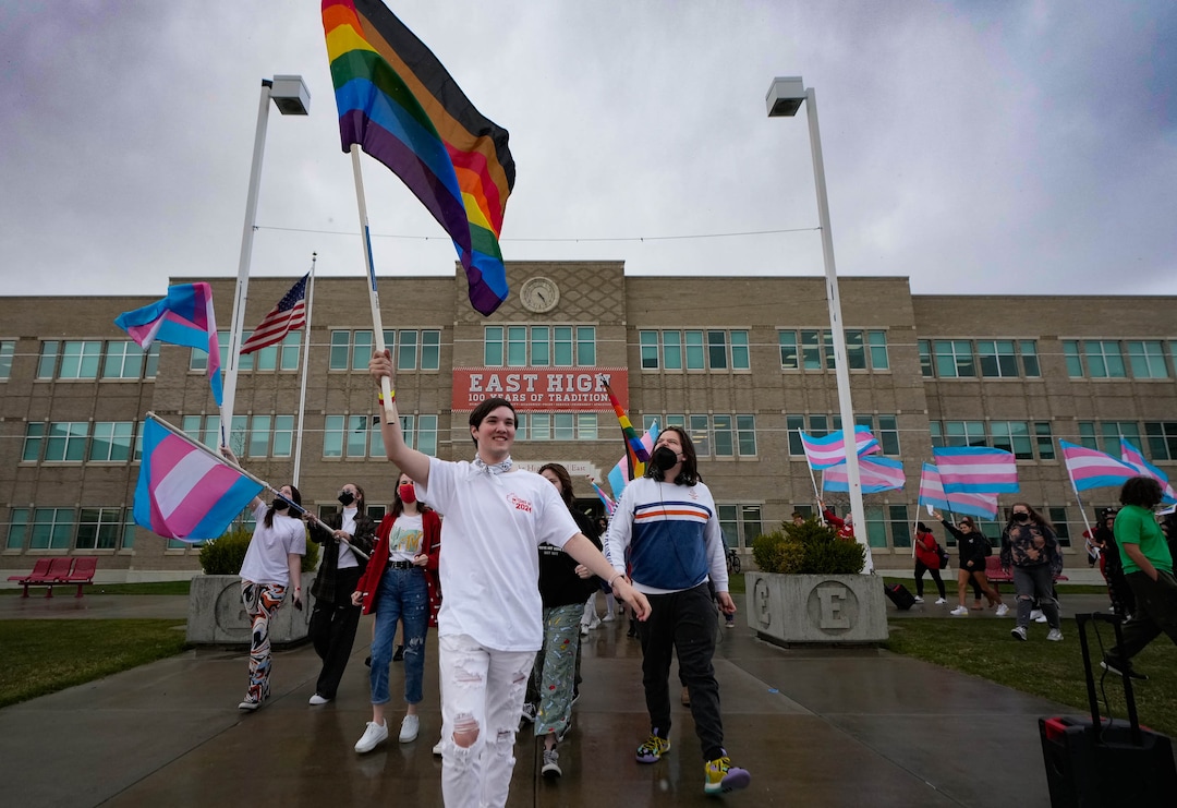 (Francisco Kjolseth | The Salt Lake Tribune) East High school students organize a walkout on Friday, April 15, 2022, to protest HB11, which bans transgender girls from participating in female school sports. In the same spirit of the West High walkout last week, students took a stand to speak out against the bill which they found discriminatory and hurtful to transgender youth in the state.