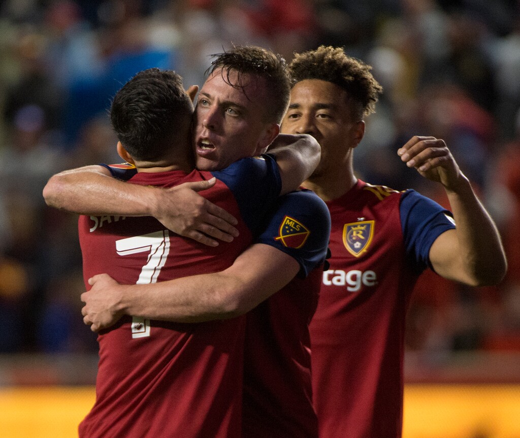 (Rick Egan  |  The Salt Lake Tribune)      Real Salt Lake forward Jefferson Savarino (7) celebrates with Real Salt Lake forward Corey Baird (27) and Real Salt Lake defender Adam Henley (3), after scoring a goal, in MLS action between Real Salt Lake and Vancouver Whitecaps, at Rio Tinto Stadium beSaturday, April 7, 2018.