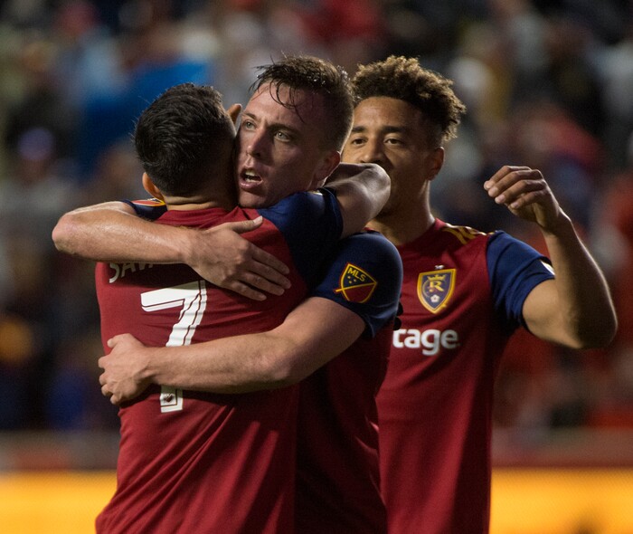 (Rick Egan  |  The Salt Lake Tribune)      Real Salt Lake forward Jefferson Savarino (7) celebrates with Real Salt Lake forward Corey Baird (27) and Real Salt Lake defender Adam Henley (3), after scoring a goal, in MLS action between Real Salt Lake and Vancouver Whitecaps, at Rio Tinto Stadium beSaturday, April 7, 2018.


