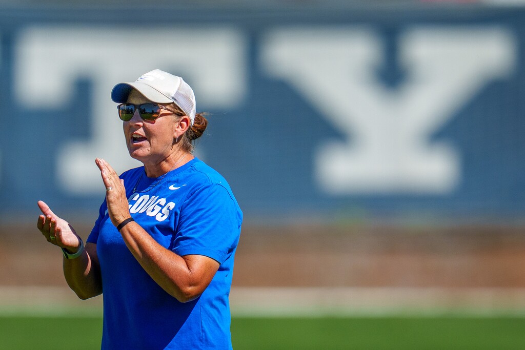 (Trent Nelson  |  The Salt Lake Tribune) Head coach Jennifer Rockwood during a BYU soccer practice in Provo on Tuesday, Aug. 29, 2023.