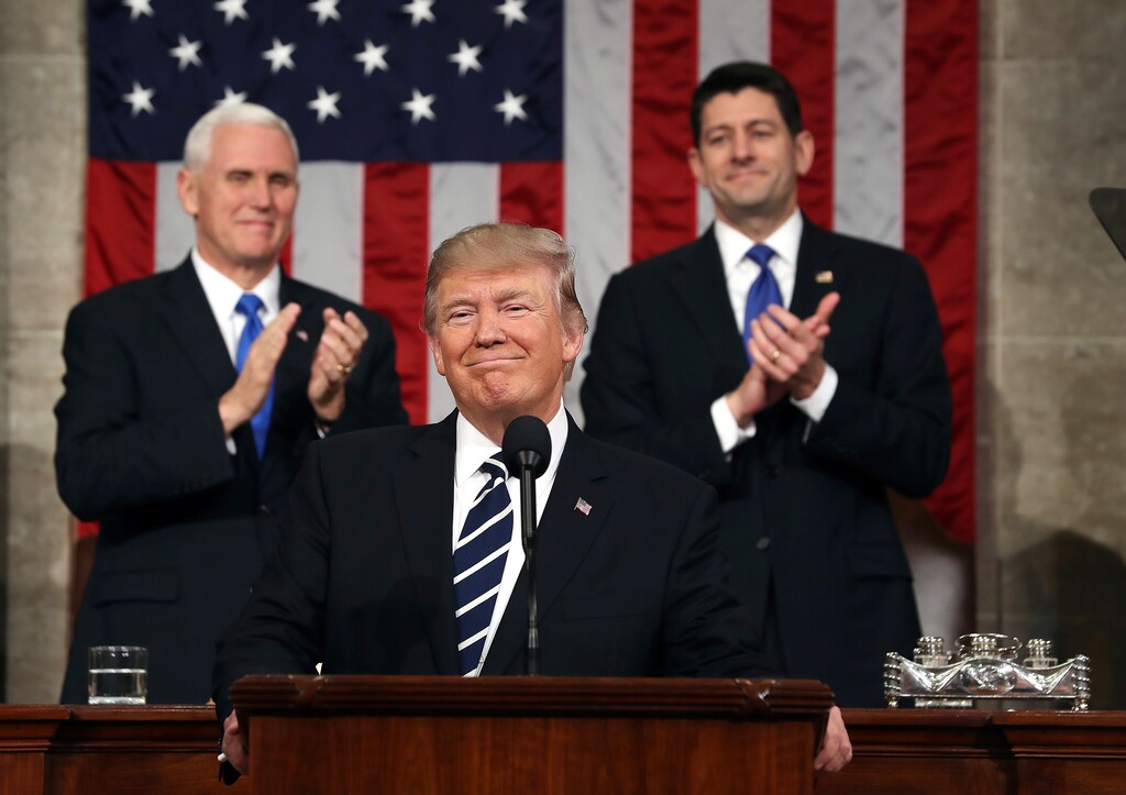 (Jim Lo Scalzo | Pool Image | The Associated Press) In this Feb. 28, 2017, photo, President Donald Trump, flanked by Vice President Mike Pence and House Speaker Paul Ryan of Wis., arrives on Capitol Hill in Washington, for his address to a joint session of Congress. No natural orator, Trump has nonetheless shown at times that he can deliver a powerful speech that effectively outlines his vision, strikes an emotional chord and moves commentators to declare that he, at last, looks presidential. And then the teleprompter gets turned off.