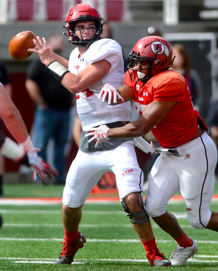(Steve Griffin  |  The Salt Lake Tribune) Utah quarterback Jack Tuttle fires a pass downfield during the University of Utah football team's first scrimmage at Rice-Eccles Stadium in Salt Lake City Friday March 30, 2018.