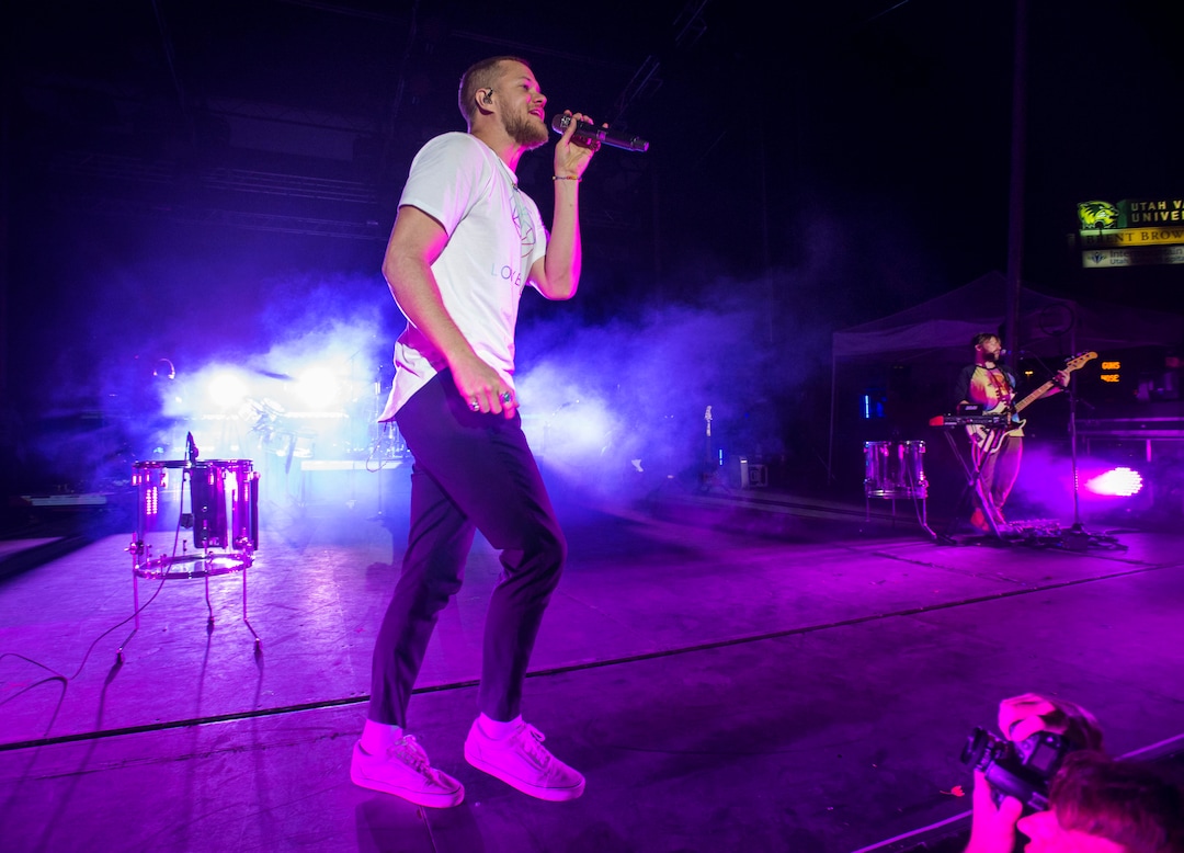 (Rick Egan  |  The Salt Lake Tribune) Dan Reynolds sings for Imagine Dragons at the LoveLoud Festival at Brent Brown Ballpark at UVU campus, Saturday, August 26, 2017.
