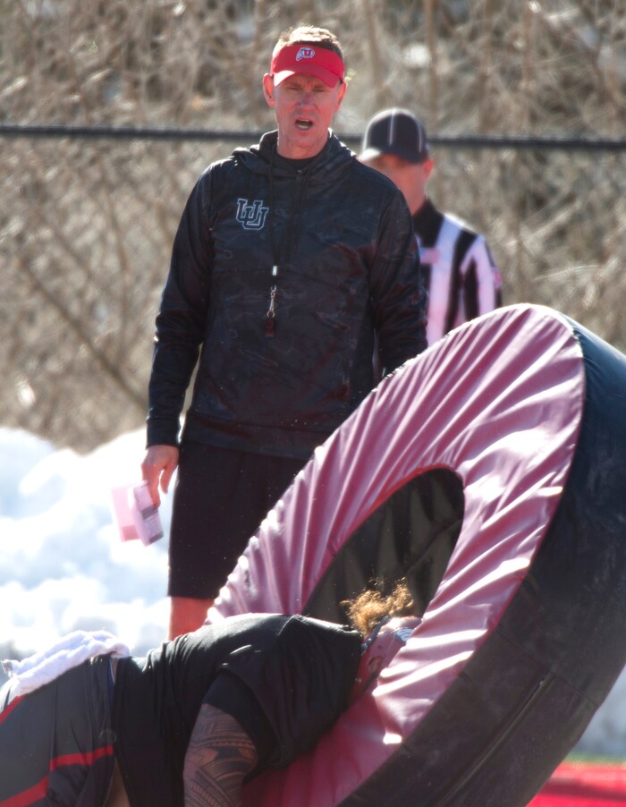 (Rick Egan  |  The Salt Lake Tribune)   Utah associate head coach/defensive line coach Gary Andersen, during the first day of Spring practice, Monday, March 5, 2018.


