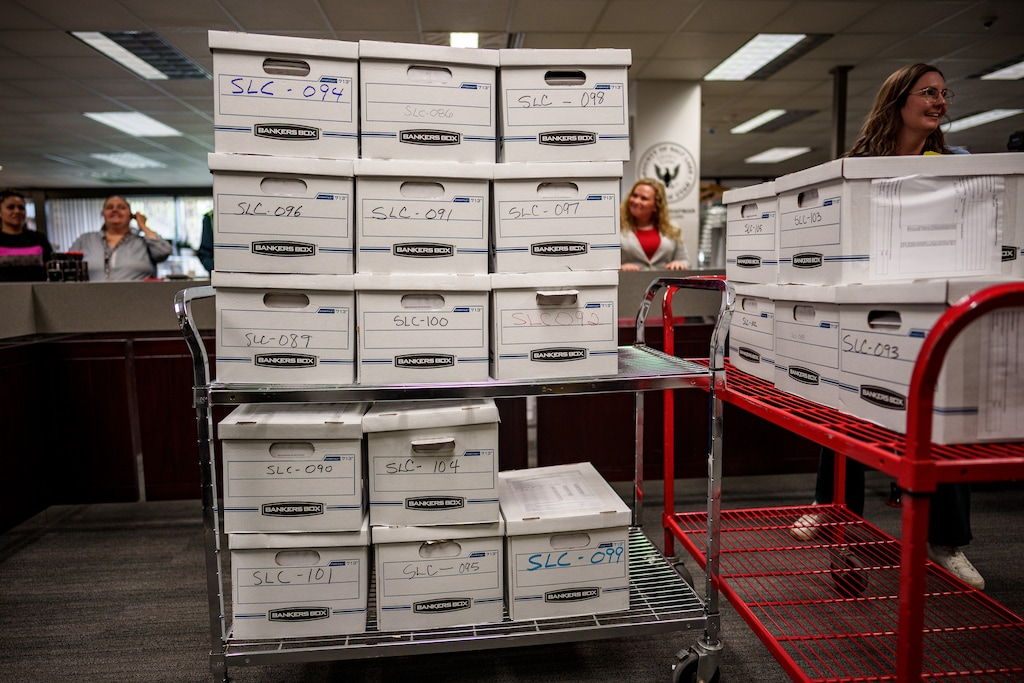 (Trent Nelson | The Salt Lake Tribune) Labor leaders turn in nineteen boxes of signatures (the sixth drop to Salt Lake County) in their attempt to qualify a referendum repealing an anti-union bill, at the Salt Lake County Clerk's office on Wednesday, April 16, 2025.