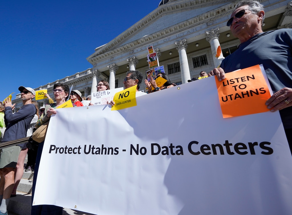(Chris Samuels | The Salt Lake Tribune) People protest the Stratos data center project at the Capitol in Salt Lake City, Thursday, May 14, 2026.