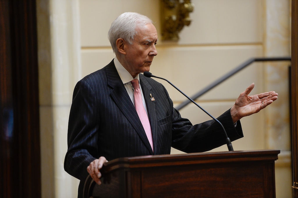 (Francisco Kjolseth | Tribune file photo)
Sen. Orrin Hatch speaks in the Utah Senate chambers, Feb. 16, 2016, taking a few questions.