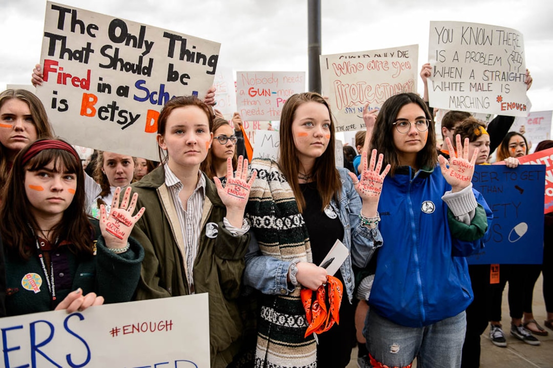 (Trent Nelson | The Salt Lake Tribune)  High school students gathered at the Utah State Capitol in Salt Lake City to mark the anniversary of the Columbine High School massacre and call for action against gun violence, Friday April 20, 2018. Brynna Dow, Olivia Bee, Chloe Harris, and Amanda DeMelo