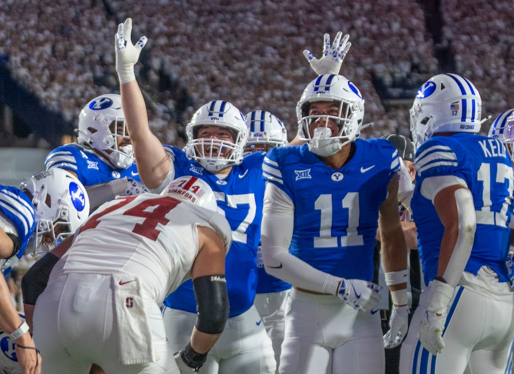 (Rick Egan | The Salt Lake Tribune) Brigham Young Cougars defense celebrates after a BYU safety, in football action between the Brigham Young Cougars and the Stanford Cardinal, at Lavell Edwards Stadium on Saturday Sept. 6, 2025.