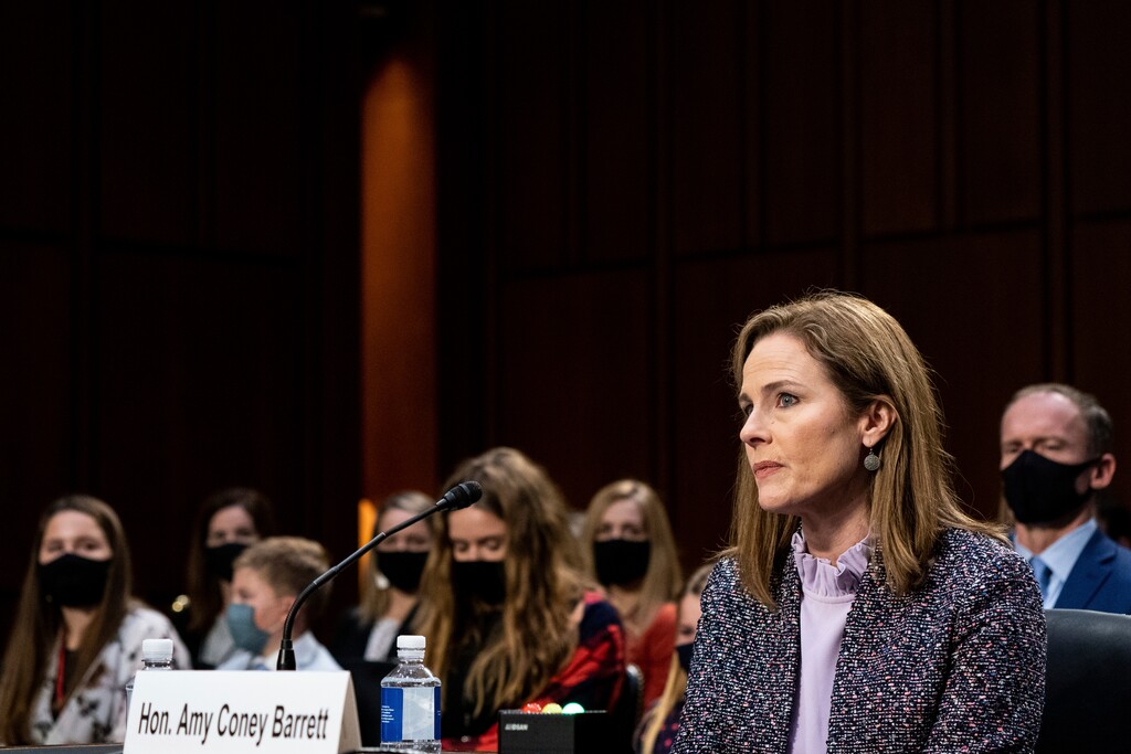 (Erin Schaff | The New York Times via AP, pool)

Supreme Court nominee Amy Coney Barrett listens during a confirmation hearing before the Senate Judiciary Committee Wednesday on Capitol Hill in Washington.