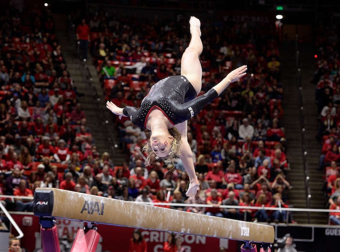 Scott Sommerdorf | The Salt Lake TribuneUtah's Maddy Stover during her 9.80 beam routine. Utah outscored Stanford 197.500 to 196.275, Friday, March 3, 2017. 
