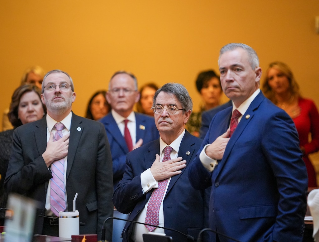 (Chris Samuels | The Salt Lake Tribune) From left, Sen. Lincoln Fillmore, R-South Jordan, Sen. John Johnson, R-Ogden, and Sen. Daniel McCay, R-Riverton, listen to the national anthem at the beginning of the legislative session at the Capitol in Salt Lake City, Tuesday, Jan. 21, 2025.