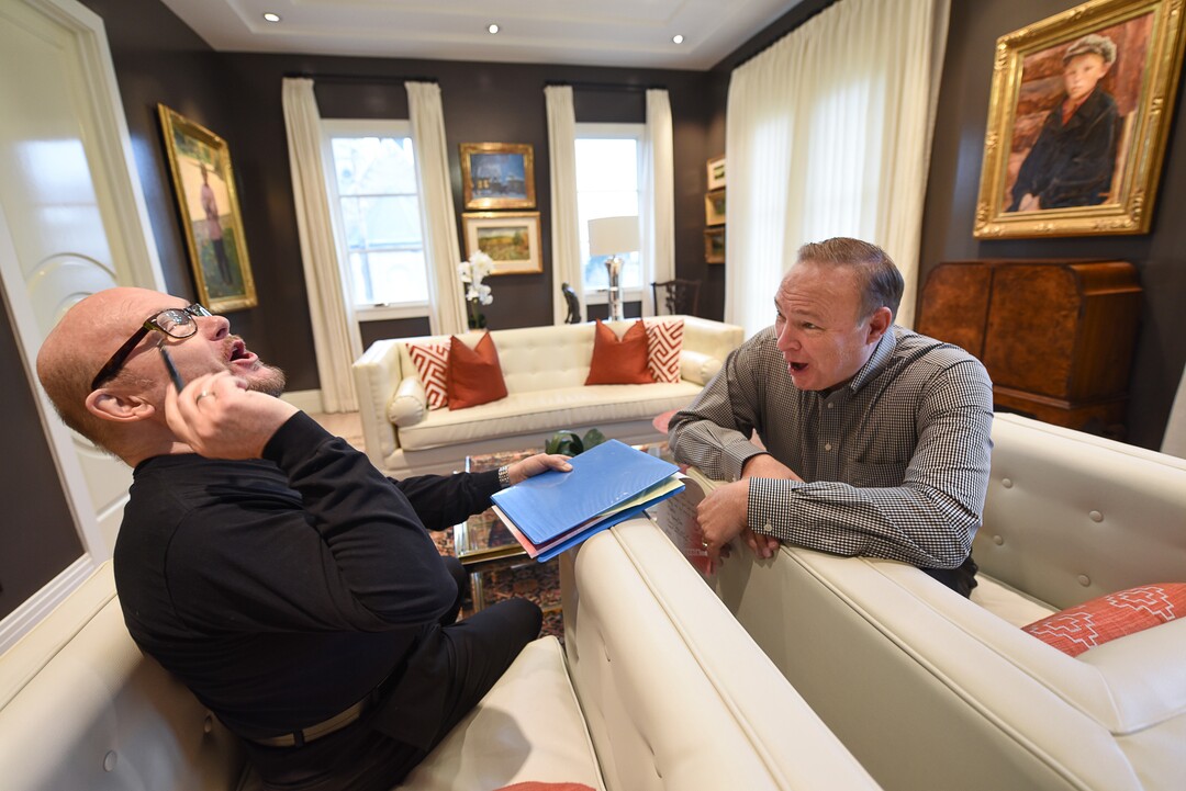 (Francisco Kjolseth  |  The Salt Lake Tribune)  Director Charles Lynn Frost, left, trades barbs and critique of State Senator Jim Dabakis as they rehearse for an upcoming show of the senator's life story in a one-man show this Saturday and Sunday at Salt Lake Acting Company. The senator says it's a reaction to all the politicians who poll and focus-group their messages and avoid their constituents by not holding town hall meetings.