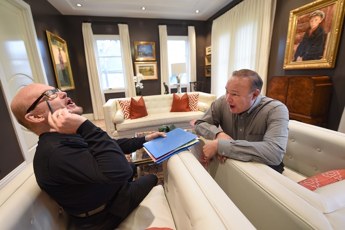 (Francisco Kjolseth  |  The Salt Lake Tribune)  Director Charles Lynn Frost, left, trades barbs and critique of State Senator Jim Dabakis as they rehearse for an upcoming show of the senator's life story in a one-man show this Saturday and Sunday at Salt Lake Acting Company. The senator says it's a reaction to all the politicians who poll and focus-group their messages and avoid their constituents by not holding town hall meetings.