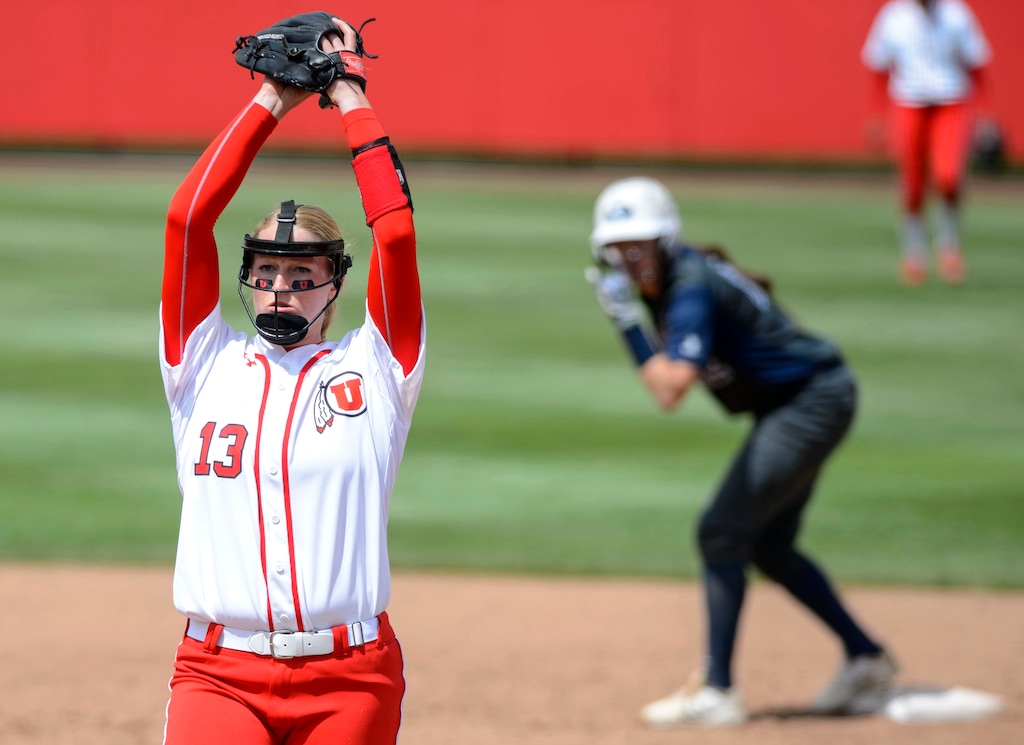 Steve Griffin  |  The Salt Lake TribuneUtah pitcher Katie Donovan throws a pitch during the NCAA softball regional game against BYU at Dumke Family Field at the U. of U. in Salt Lake City Friday May 19, 2017.