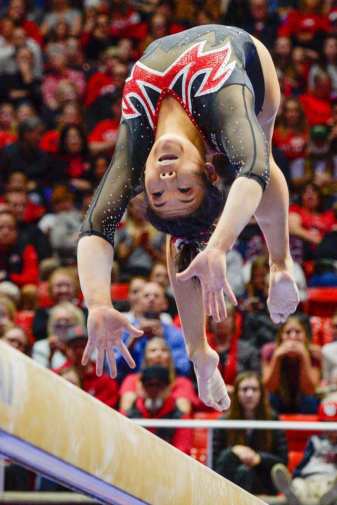 (Leah Hogsten  |  The Salt Lake Tribune) Cristal Issa performs her routine on the beam as the University of Utah fifth-ranked gymnastics team hosts No. 12 University of Kentucky during its home opener, Jan. 3, 2020, at the Huntsman Center. Isa scored a 9.95.