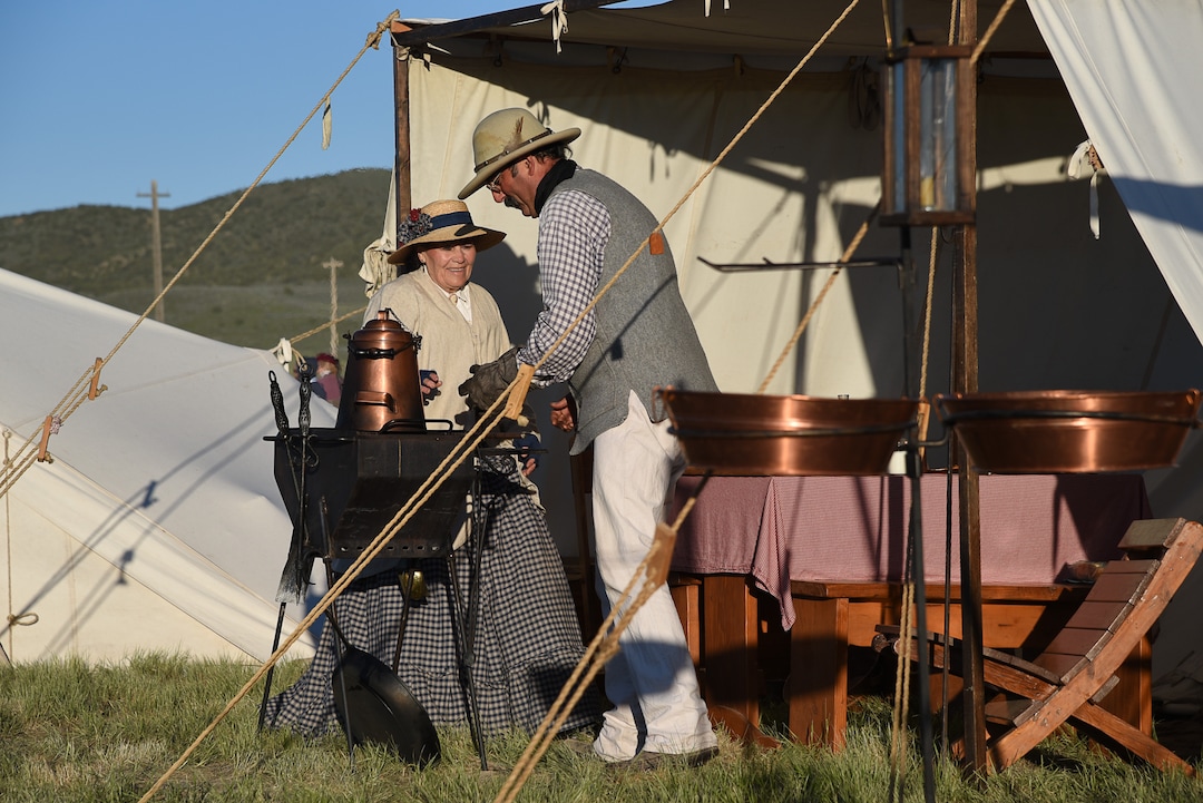 (Francisco Kjolseth  |  The Salt Lake Tribune)  Susy Epherson and Mike Rudoff join in the fun with period clothing on Friday May 10, 2019, in celebration of the 150th anniversary of the completion of the transcontinental railroad at Promontory Summit where the two rails met back on May 10, 1869.