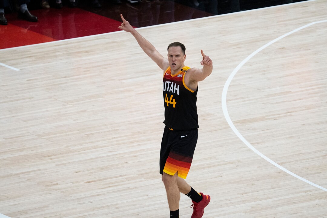 (Rick Egan | The Salt Lake Tribune) Utah Jazz forward Bojan Bogdanovic (44) reacts after sining a 3-pointer to but the Jazz up by 10 points late in the 4th quarter, in NBA action between the Utah Jazz and the LA Clippers, in game one in the second round of the NBA playoff series at Vivint Arena, on Tuesday, June 8, 2021.