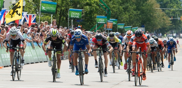 (Rick Egan  |  The Salt Lake Tribune)  Travis McCabe races to the finish line, in stage 5, of the Tour of Utah, in Bountiful,Friday, August 4, 2017.


