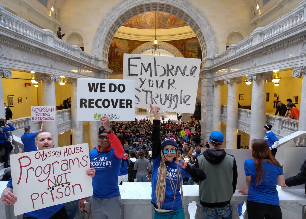 (Francisco Kjolseth | The Salt Lake Tribune) Hundreds gather at the Utah Capitol to rally for mental illness and addiction recovery while working to increase access to health care, mental health, affordable housing and treatment and recovery support on Tuesday, Feb. 20, 2018.