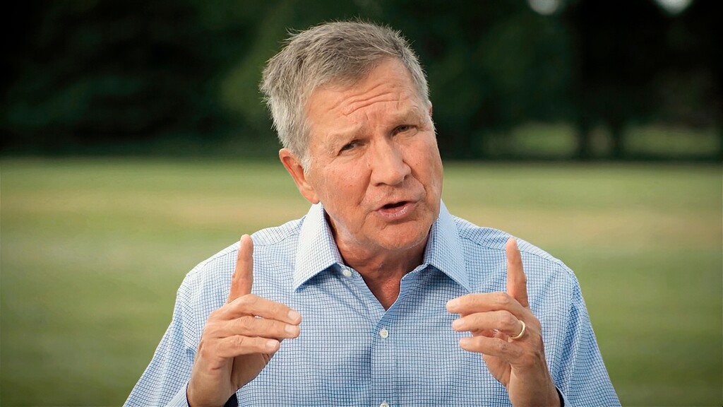 In this image from video, former Republican Ohio Gov. John Kasich speaks during the first night of the Democratic National Convention on Monday, Aug. 17, 2020. (Democratic National Convention via AP)