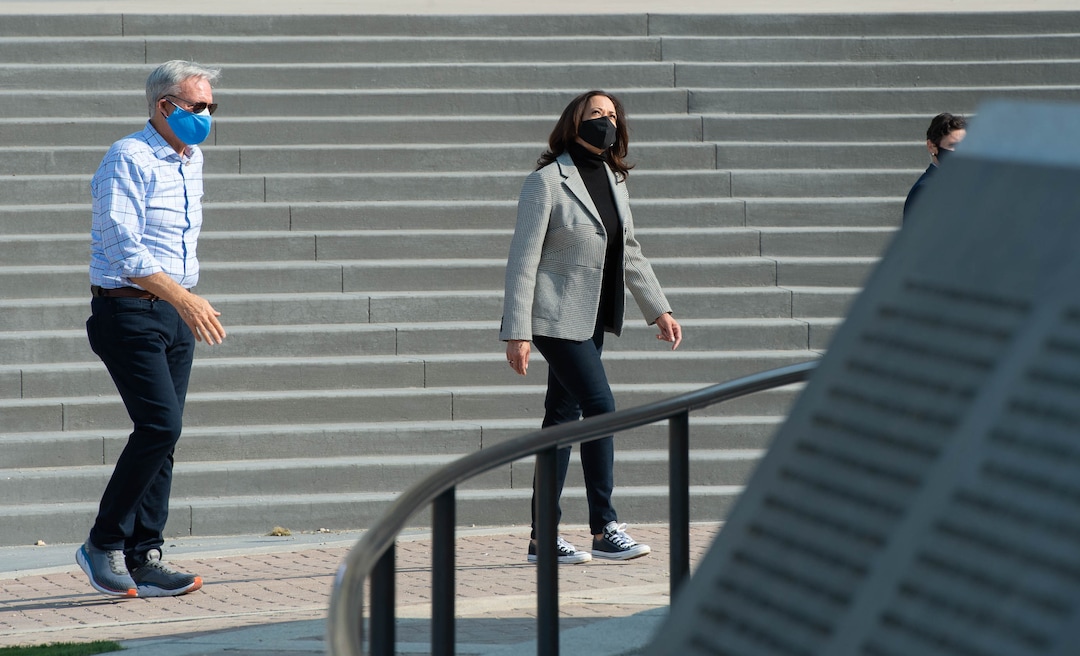 (Francisco Kjolseth  |  The Salt Lake Tribune) Democratic vice presidential candidate Sen. Kamala Harris, D-Calif., makes a brief "cultural stop" to This Is The Place Heritage Park with former state senator Scott Howell as a guide on Saturday, Oct. 3, 2020, as she arrives early to Salt Lake City in anticipation of her upcoming vice presidential debate next week.