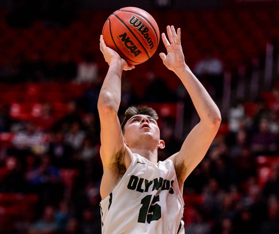 (Trent Nelson | The Salt Lake Tribune)  Viewmont vs. Olympus, 5A State high school basketball tournament at the Huntsman Center in Salt Lake City, Wednesday Feb. 28, 2018. Olympus's Rylan Jones (15).