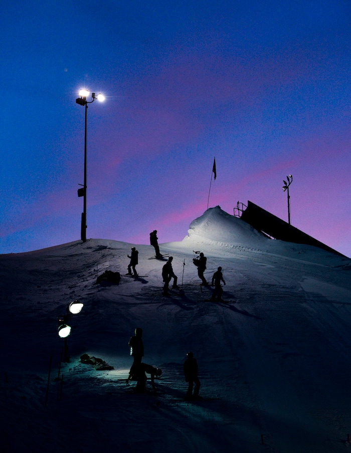 (Leah Hogsten  |  The Salt Lake Tribune) Members of the U.S. Freestyle Ski Team prepare to practice Jan. 7, 2020 at the Utah Olympic Park at twilght.