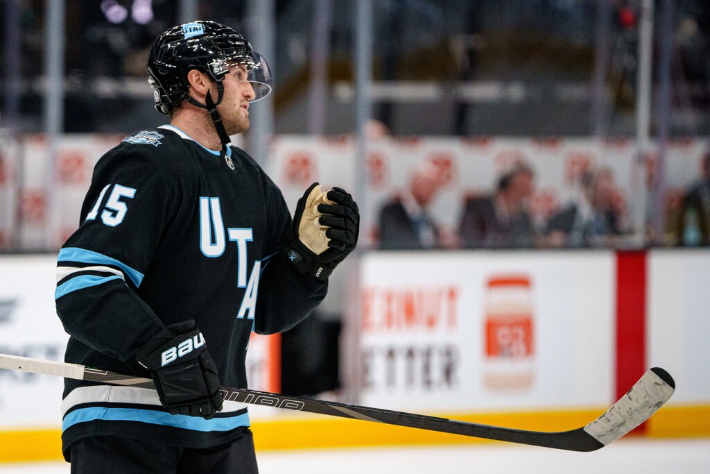 (Trent Nelson  |  The Salt Lake Tribune) Utah Hockey Club forward Alex Kerfoot (15) as Utah Hockey Club hosts the Los Angeles Kings, NHL pre-season hockey in Salt Lake City on Monday, Sept. 23, 2024.